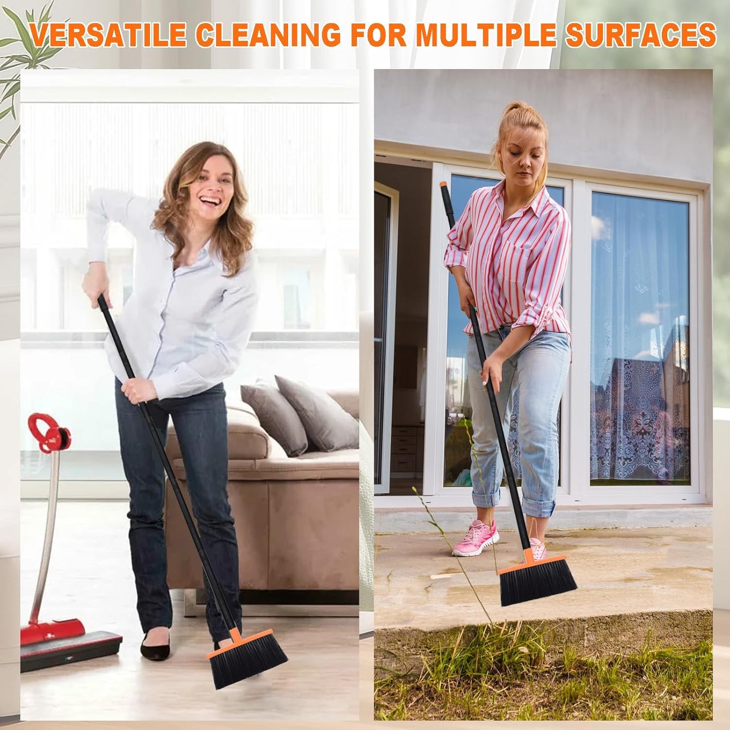 Small Broom Stiff Bristles Brush with Long Handle Indoor or Outdoor Compact Broom for Sweeping Patio Garage Garden,Deck,Concrete Floor,Bathroom (Orange)