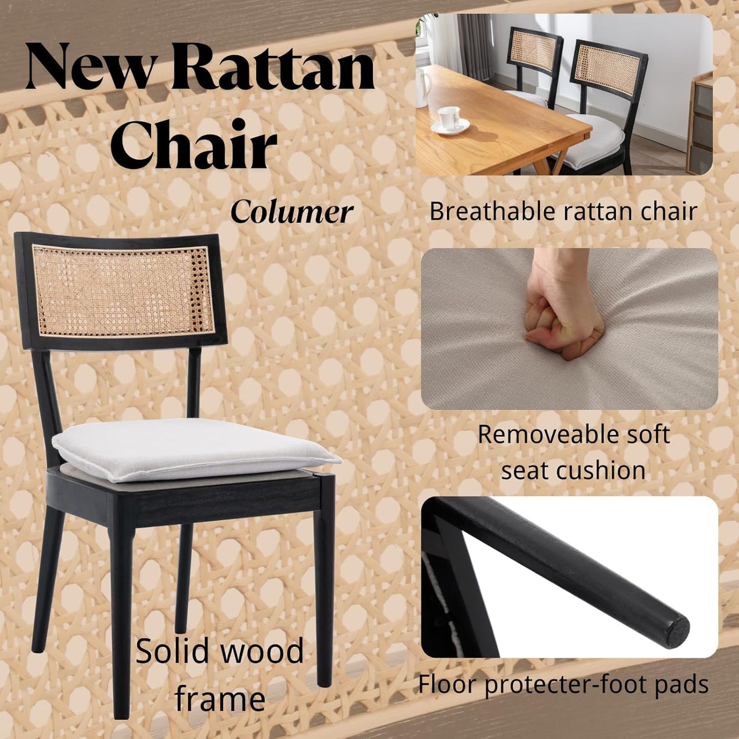 Rattan Dining Chairs Set Of 6 , Mid Century Modern Black Wooden Cane Back Chairs with Removable Linen Cushion , Retro Farmhouse Upholstered Kitchen & Dining Room Chairs for Restaurant Living Room