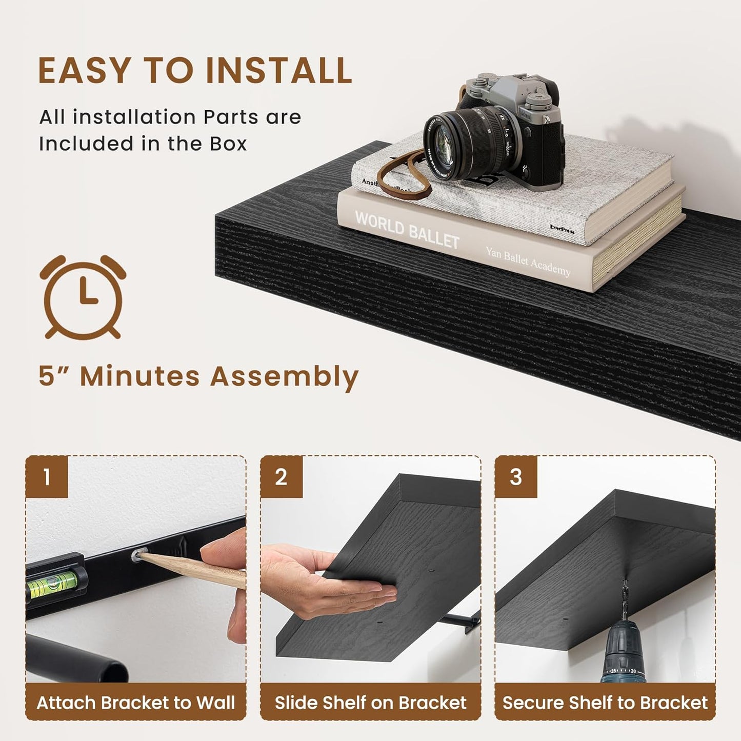 fuqing Floating Shelves for Wall, Bathroom Shelf Wall Mounted for Storage, Shelves with Invisible Bracket for Bedroom, Kitchen, Living Room, Farmhouse Small Book Shelf, 32 Inch Set of 2, Black