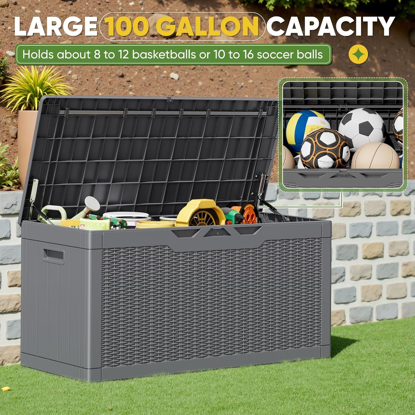 Greesum 100 Gallon Resin Deck Box Lockable Large Outdoor Storage Boxes for Garden Tools, Patio Furniture Cushions, Pool Supplies, Gray