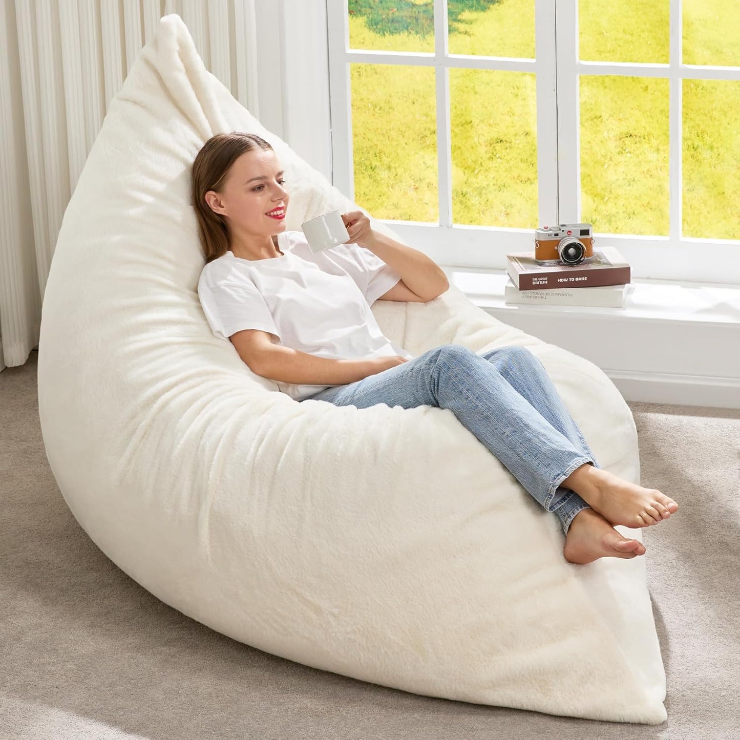 Hobestluk 3 in 1 Bean Bag Chair Giant Bean Bag Chairs for Adults with Plush Faux Fur Cover Convertible Bean Bag Floor Cushion with Machine Washable Cover for Living Room (Plush White)