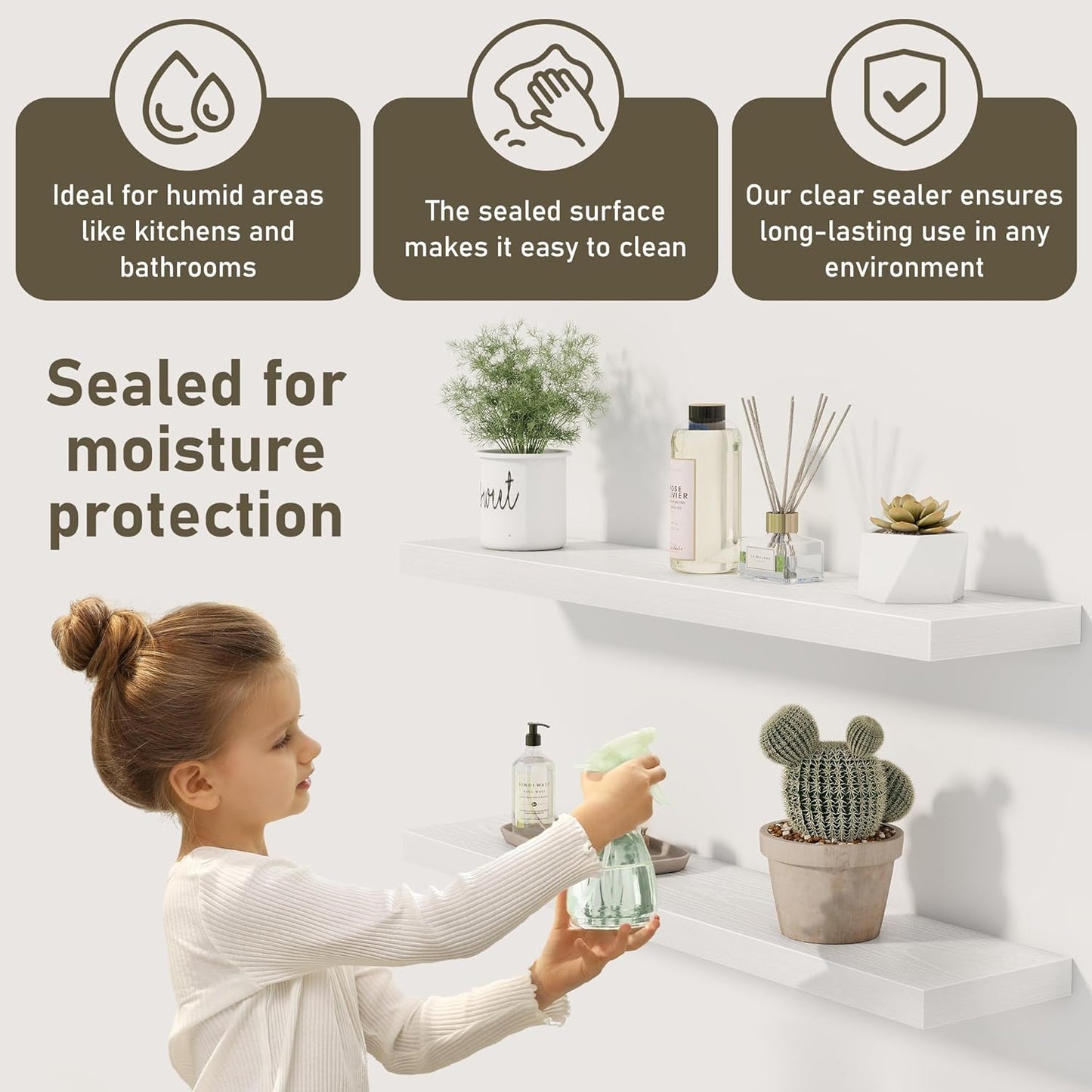 White Floating Shelves Wall Shelf 40 Inch, 8 Inch Deep Floating Shelf for Wall, Farmhouse Black Wood Shelves Invisible Bracket for Living Room, Bedroom, Kitchen, 40 x 8 x 1.4 Inch, Set of 2