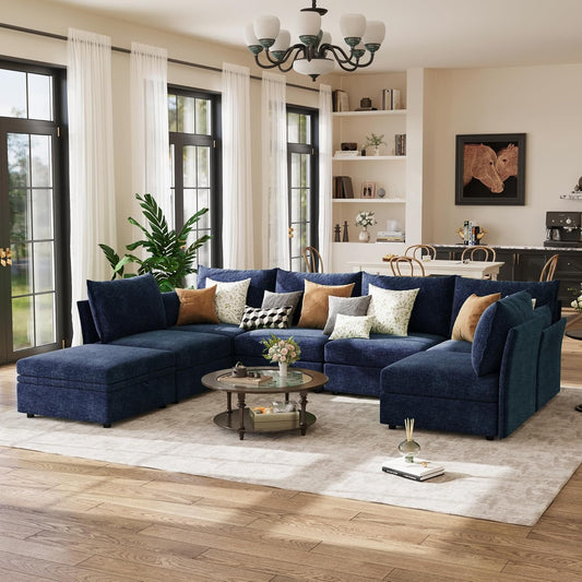 134.6" Oversized Modular Sectional Sofa, Large 7 Seater U Shaped Couch with Storage Ottoman with Reversible Chaise Deep Seat for Living Room, Apartment - Chenille Blue