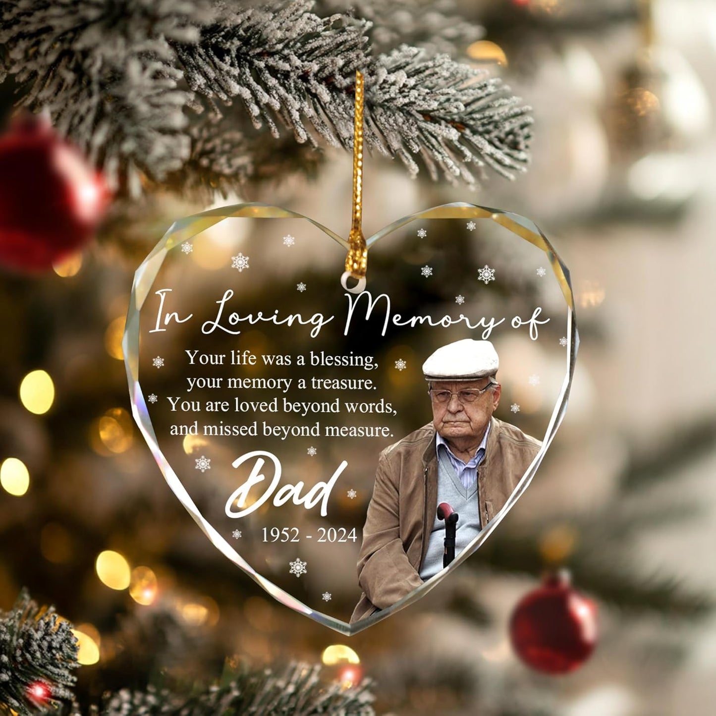 Personalized Heart-Shaped Memorial Ornament with Photo – Custom in Loving Memory Christmas Ornament for Dad – Rainbow Crystal Suncatcher with Loss of Father Quote – Remembrance Tree Decor