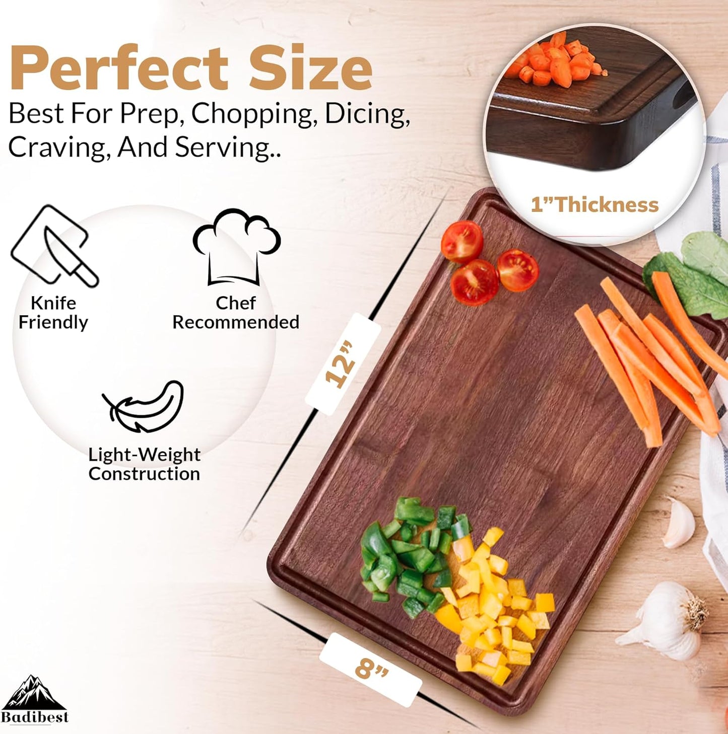 Handcrafted Walnut Wood Cutting Board 12x8, Non Toxic Kitchen Chopping Board with Juice Groove Charcuterie Serving Board, Eco & Knife Friendly Small Wooden Cutting Boards for Kitchen, Restaurant Use