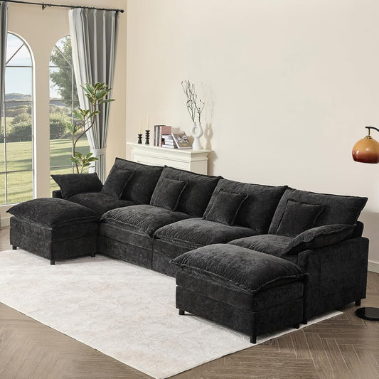 142.5" U Shaped Couch, Modular Sectional Sofa, 3-Seater Comfy Cloud Couch with Movable Ottoman, Deep Seat Couches for Living Room, Chenille, Black