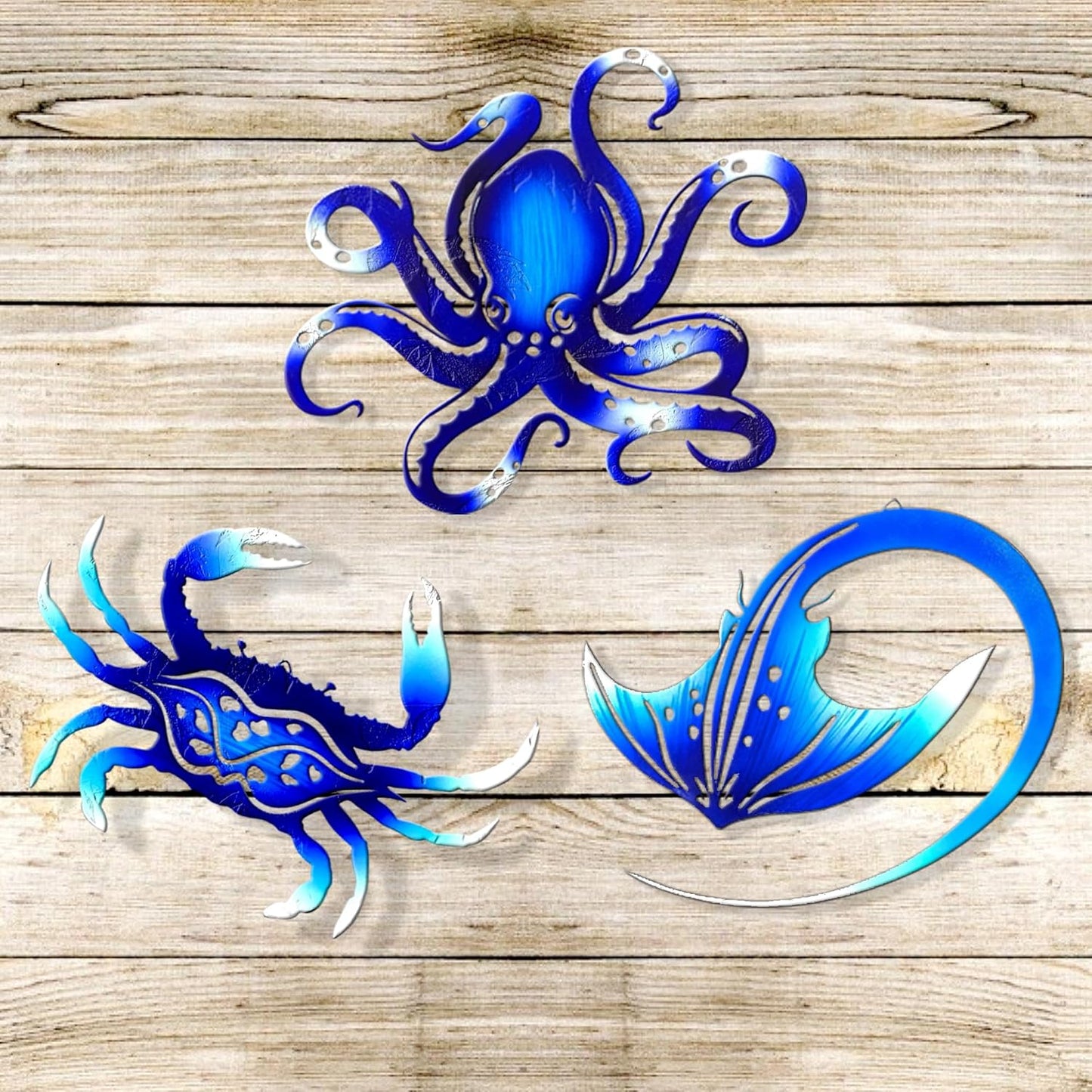 Weibefee Metal Wall Art Decor Octopus Crab Manta Ray Coastal Nautical Ocean Decor Concise 9'' Set of 3 Hanging Decorations for Bathroom Beach Indoor Outdoor Pool Home Bedroom Living Room Blue
