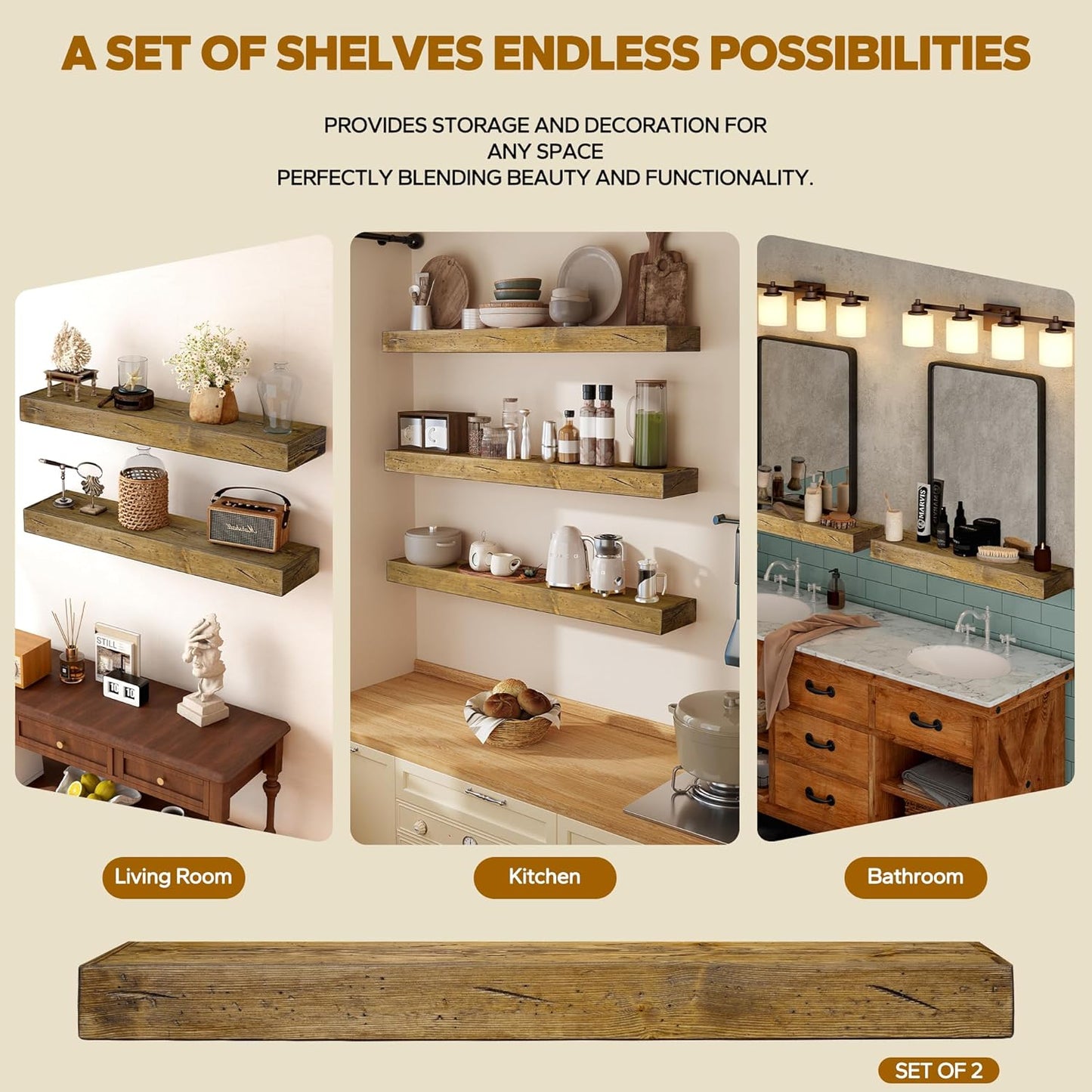 Floating Shelves 3 inch Thick for Wall Set of 2,Solid Pine Wood Wall Mount Shelf for Kitchen Living Room Bedroom Bathroom,8" D x 24" L x 3" H-Distressed Black Walnut