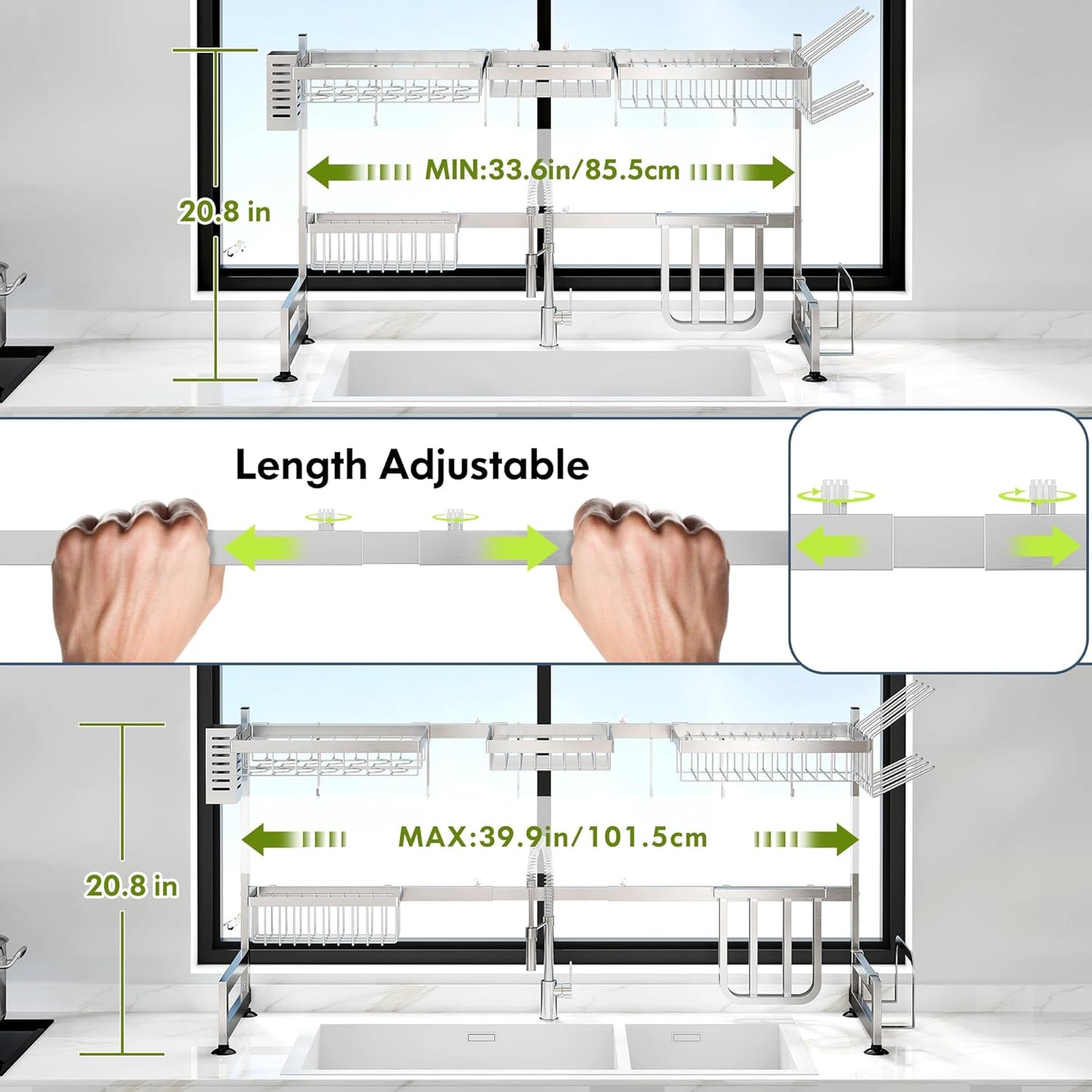 2 Tier Extra Large Stainless Steel Expandable Over The Sink Dish Drainer Drying Rack, Rust Proof Metal, Space Saving, Modern Silver Big Capacity Extendable Plate Strainers Above Kitchen Counter