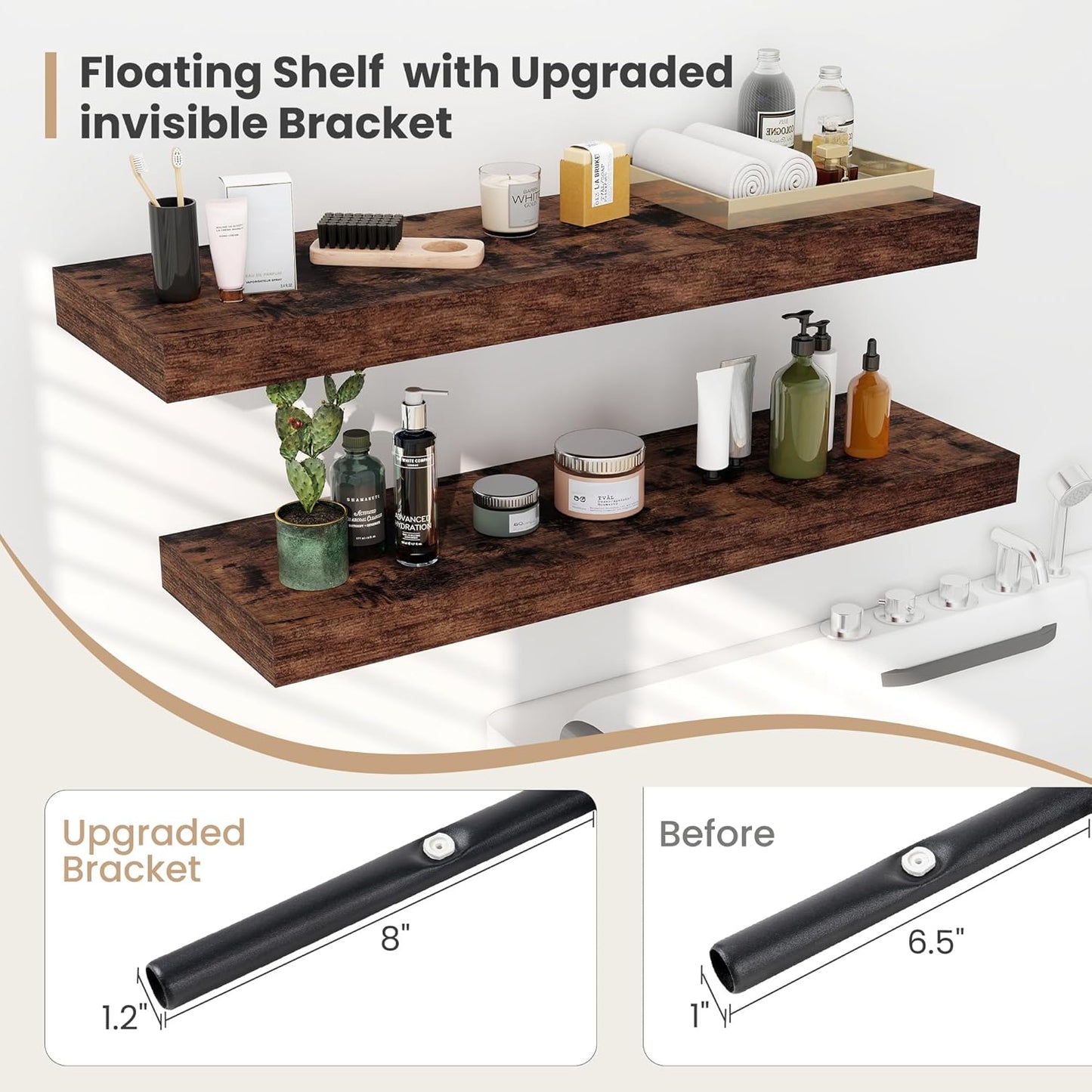 Heimlove 12 Inch Deep Floating Shelves, 12 x 12 inches Long Wall Shelf, Large Extra Display Shelf & Storage Shelf, Rustic Wood Wall Shelves for Fireplace Mantel, Brown - 2Pack
