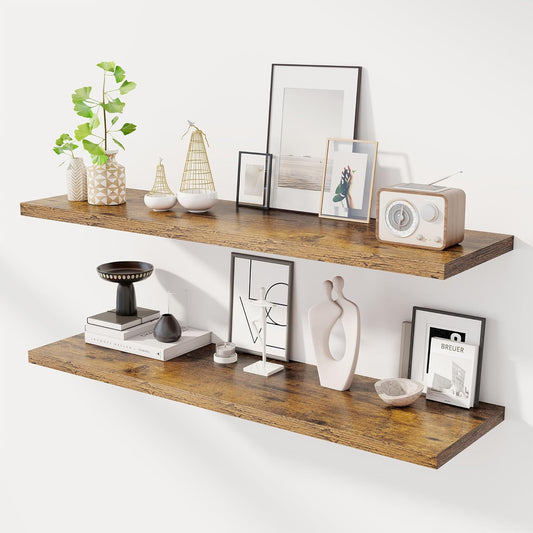 48" Floating Shelves for Wall, 12" Deep Slim Rustic Brown Floating Shelves, Wall-Mounted Shelves for Bedroom, Living Room, Kitchen, Bathroom - Set of 2