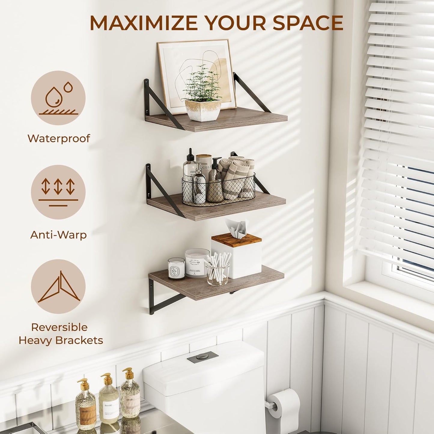 Heimlove Deep Floating Shelves for Wall, 12 Inch Deep Floating Shelves Set of 3, 16W x 12D Wood Wall Shelves, Wide Wood Shelves with Metal Bracket for Living Room, Kitchen, Office, Bedroom - Grey