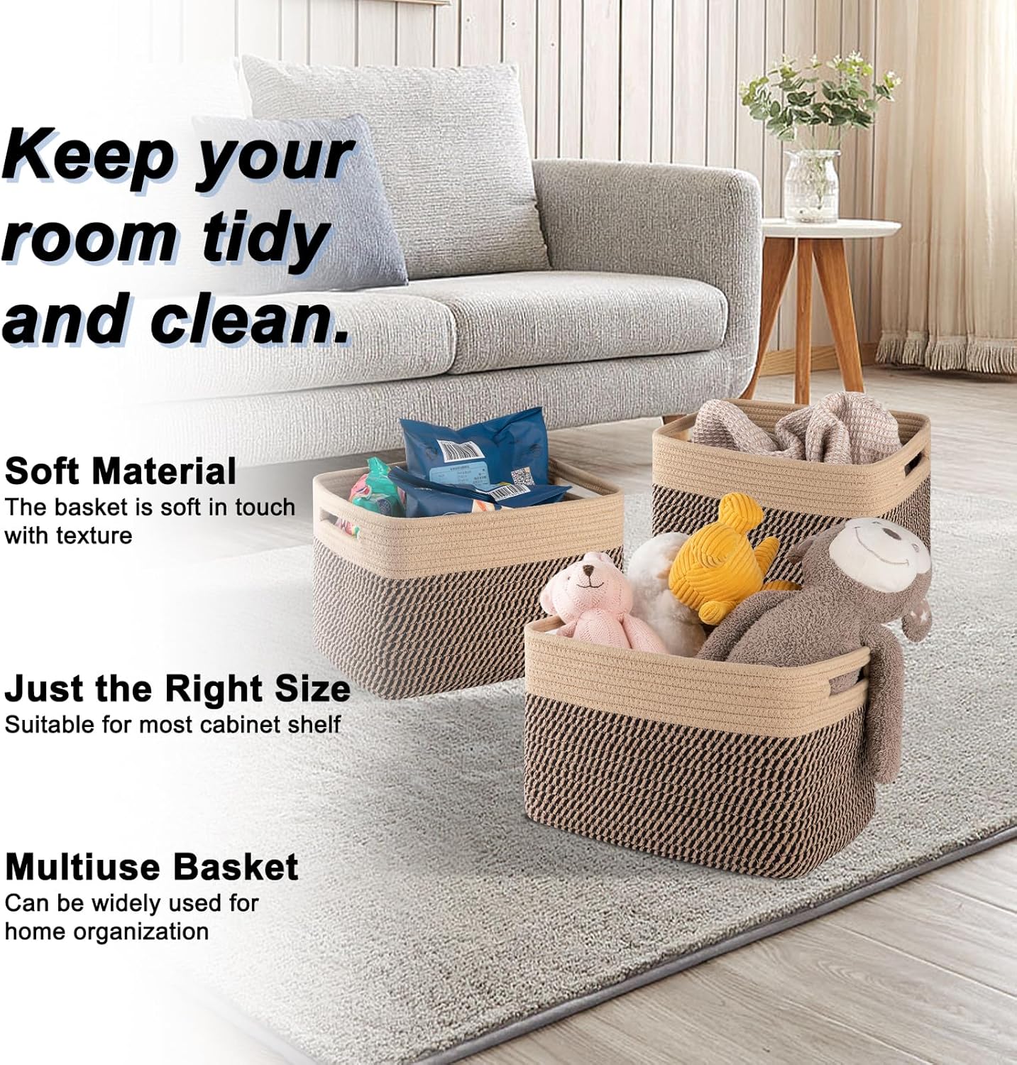 4 Pack Storage Baskets for Organizing, Woven Baskets for Shelves - Perfect for Toys, Books, Towels, and Clothes, Durable Gift Basket Bins Toy Storage, 13''L x9''W x7.8''H, Black and Brown