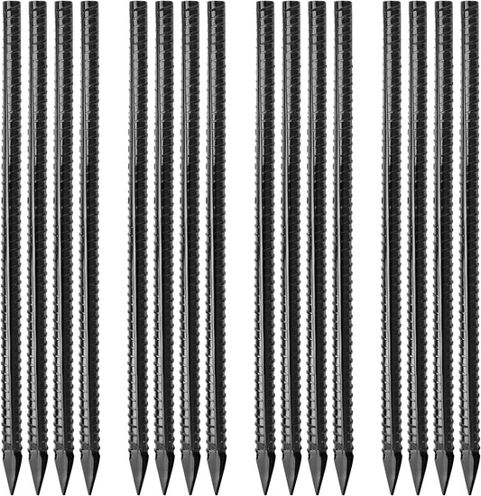 16 inches Ground Rebar Stakes (16 pcs) Heavy Duty Metal Spikes for Concrete Timber Garden Plant, Long Straight Steel Stakes for Tent, 3/8" Thickness Ground Anchors with Chisel Point End, Black