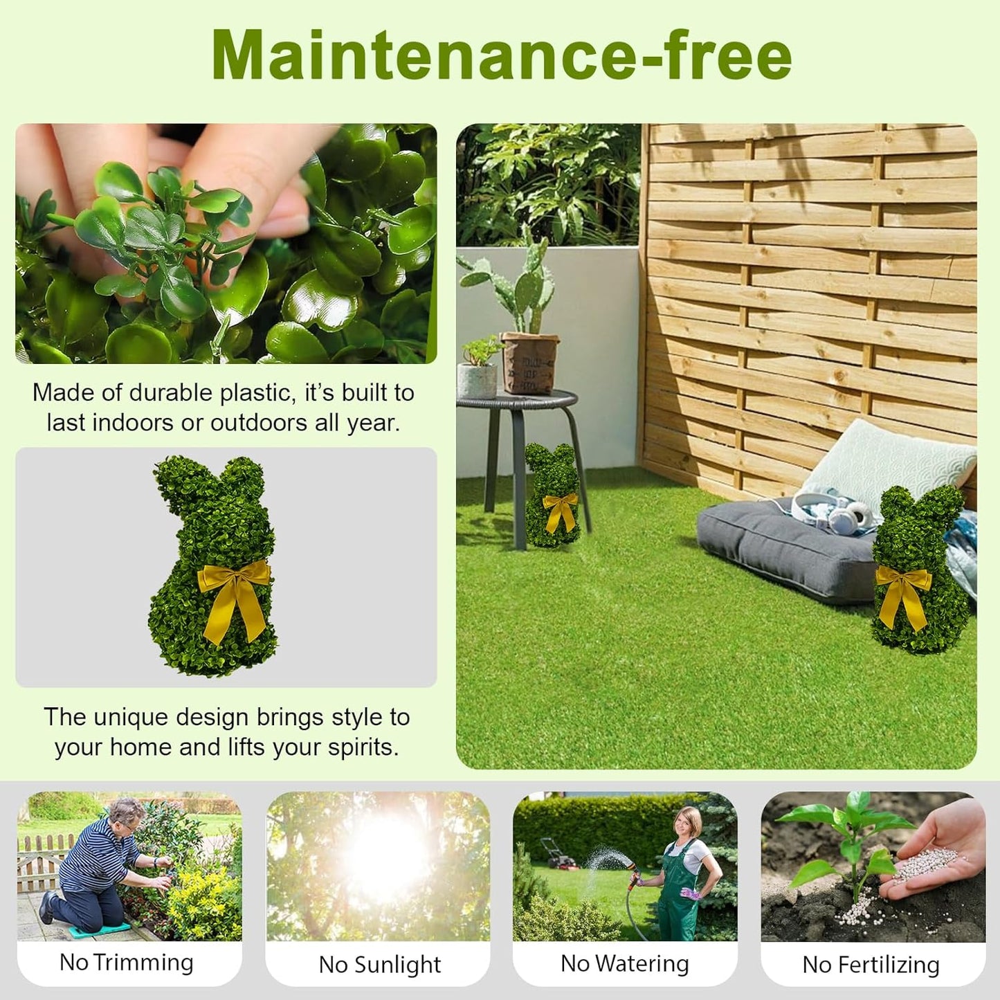 2 Pcs Artificial Bunny Shaped Topiary Trees, Artificial Green Boxwood Bunny Decorations with Gold Bow, Perfect for Indoor & Outdoor Front Porch, Easter& Garden Decor (Bunny Tree Without Base)