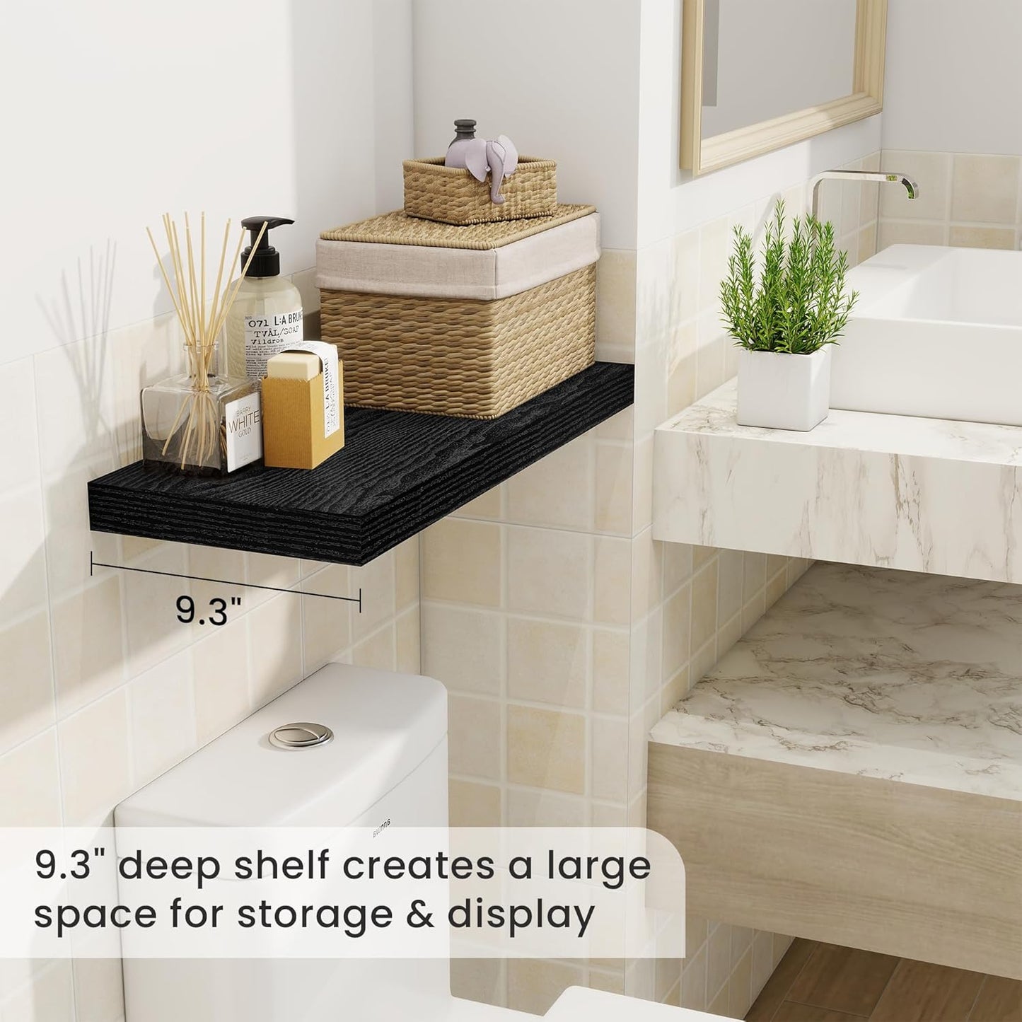 Fun Memories 24 Inch Floating Shelves for Wall, 9 Inch Deep Black Rustic Wood Wall Mounted Shelves for Bathroom, Kitchen, Living Room, Set of 2