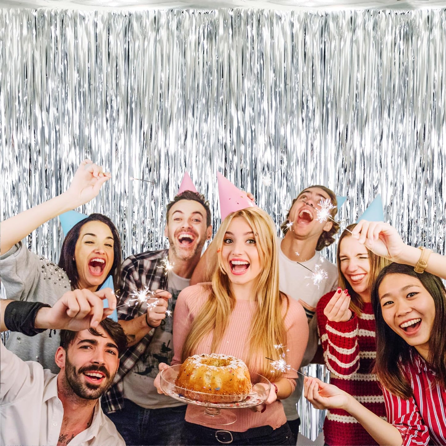 GOER 3.2 ft x 9.8 ft Metallic Tinsel Foil Fringe Curtains Party Photo Backdrop Party Streamers for Birthday,Graduation,New Year Eve Decorations Wedding Decor (Silver,1 Pack)