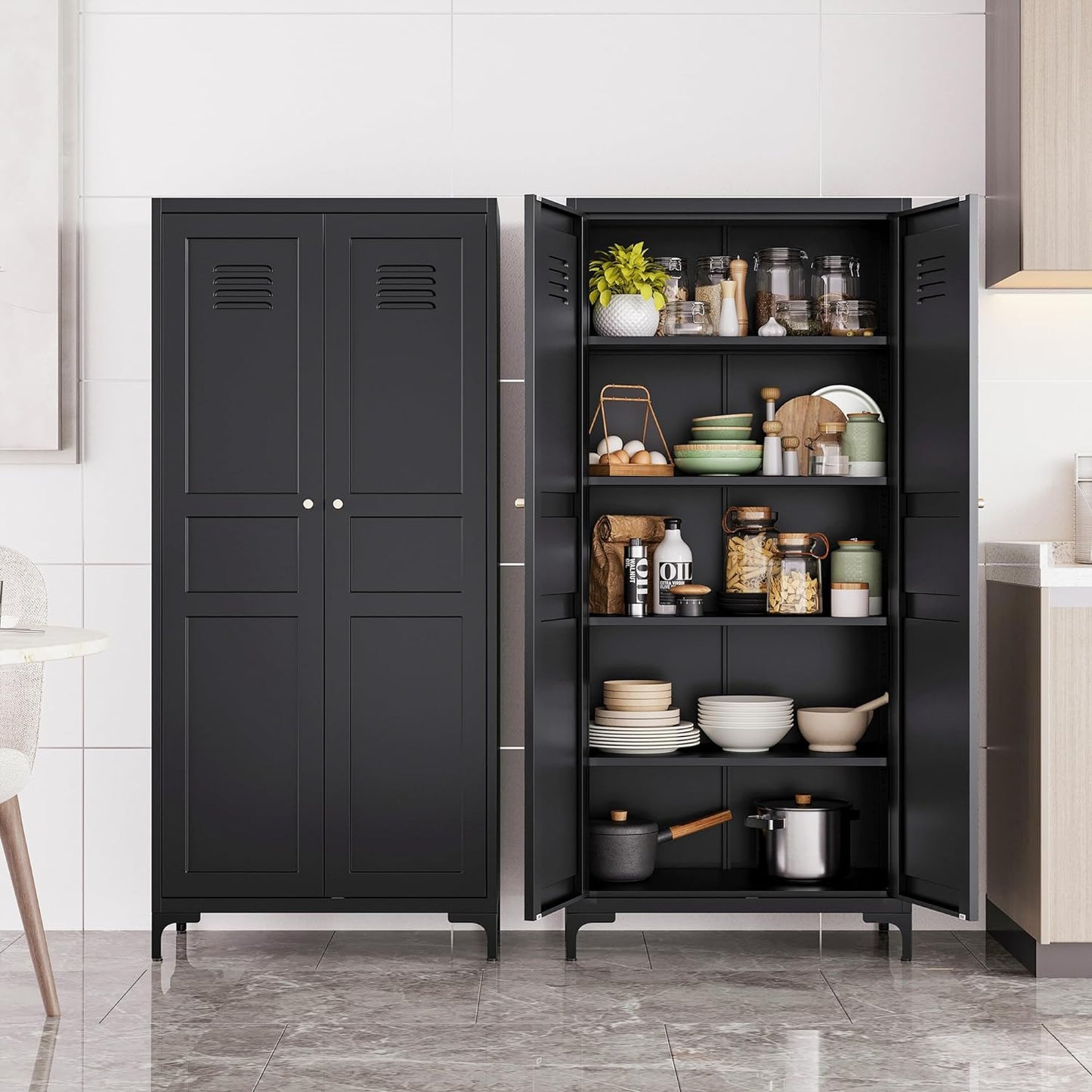 Metal Storage Cabinet with Doors and Shelves,Black Storage Cabinet with Leg,Metal Pantry Cabinets,Ventilated Pantry Closet,Tall Large Cupboard for Home,Kitchen,Dining/Living/Laundry Room