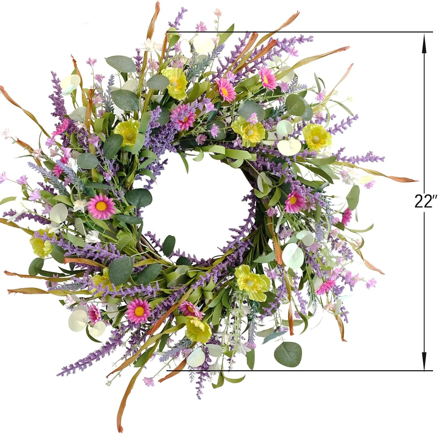 Idyllic 20 Inch Spring Summer Wild Flower Artificial Daisy Front Door Wreath, Everyday Greenery Eucalyptus Leaves for Indoor and Outdoor Use, Rustic Farmhouse Style Home Wreath Decor