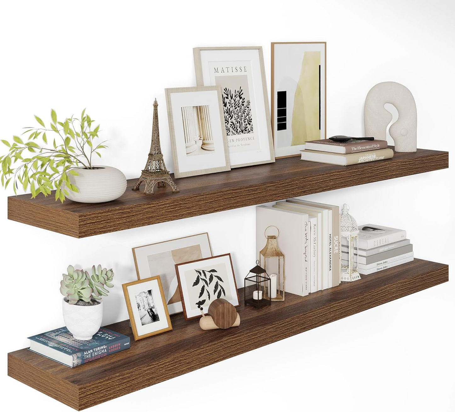 Wide Floating Shelves for Wall 12 Inch Deep, 48" X 12" X 2" Floating Shelf, 2 Inch Thick Shelf for Bathroom Bedroom Kitchen Book Room, Heavy Duty 75lbs Shelves for Farmhouse Decor Set of 2, Walnut