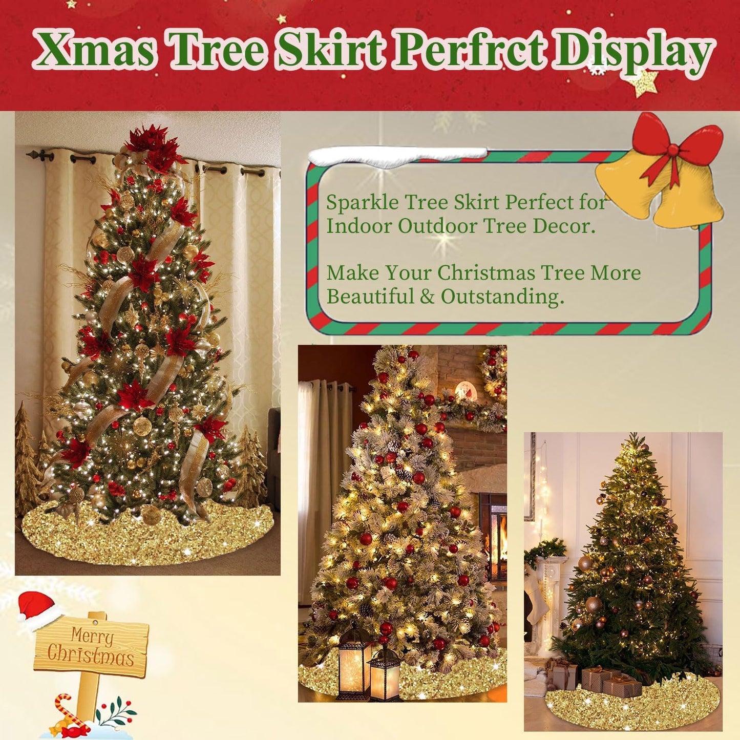 Gold Christmas Tree Skirts 21 Inches Metallic Tree Cover Skirt Personalized Christmas Tree Mat Ornament Rustic Round Small Xmas Tree Skirts for Holiday Festival Home Christmas Indoor Decoration