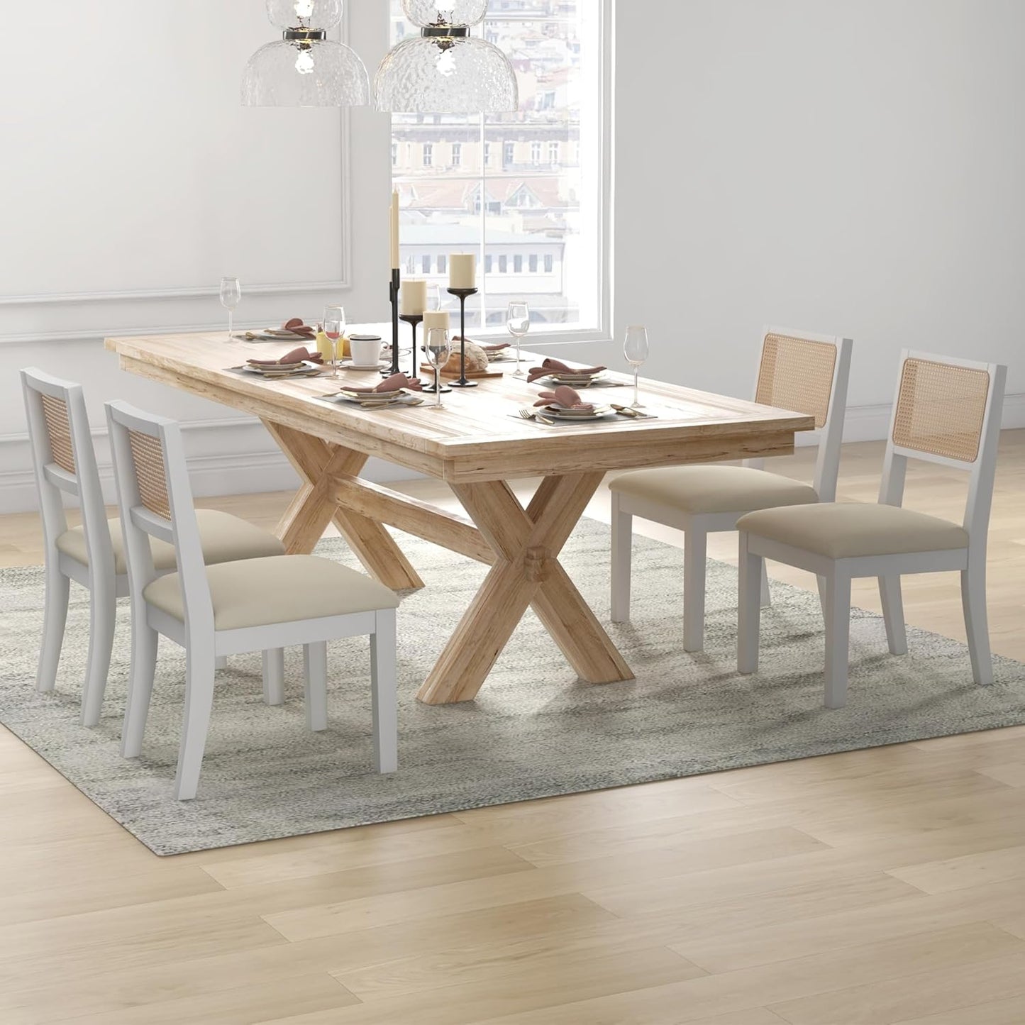 Westice Rattan Dining Chairs Set of 2, Farmhouse Natural Dining Room Chairs with Upholstered Cushion, Wood Armless Chairs for Kitchen/Restaurant, White