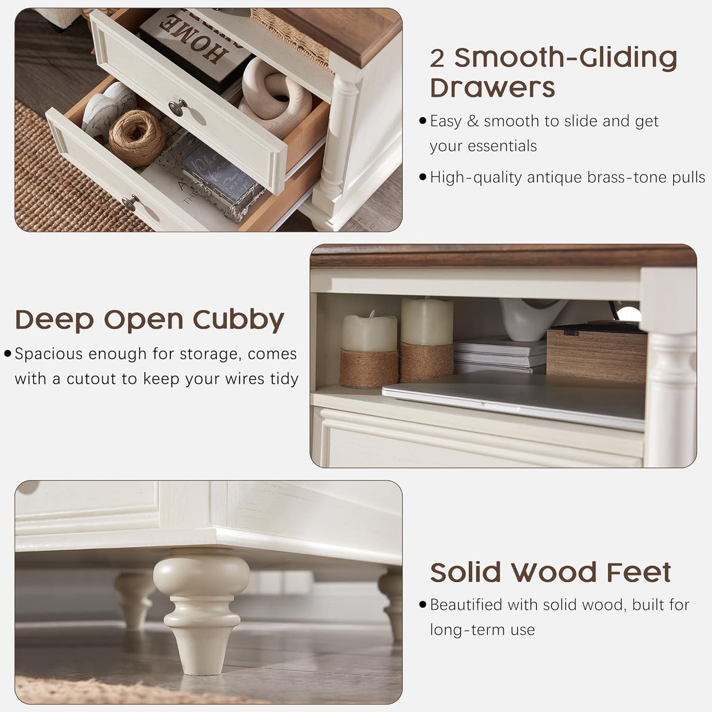 T4TREAM 24'' Farmhouse End Table w/4 Solid Wood Feet, Large 2 Drawers Wide Sofa Side Table with Charging Station, Tall Rustic Wood Square Nightstand for Living Room, Bedroom, Office, Antique White