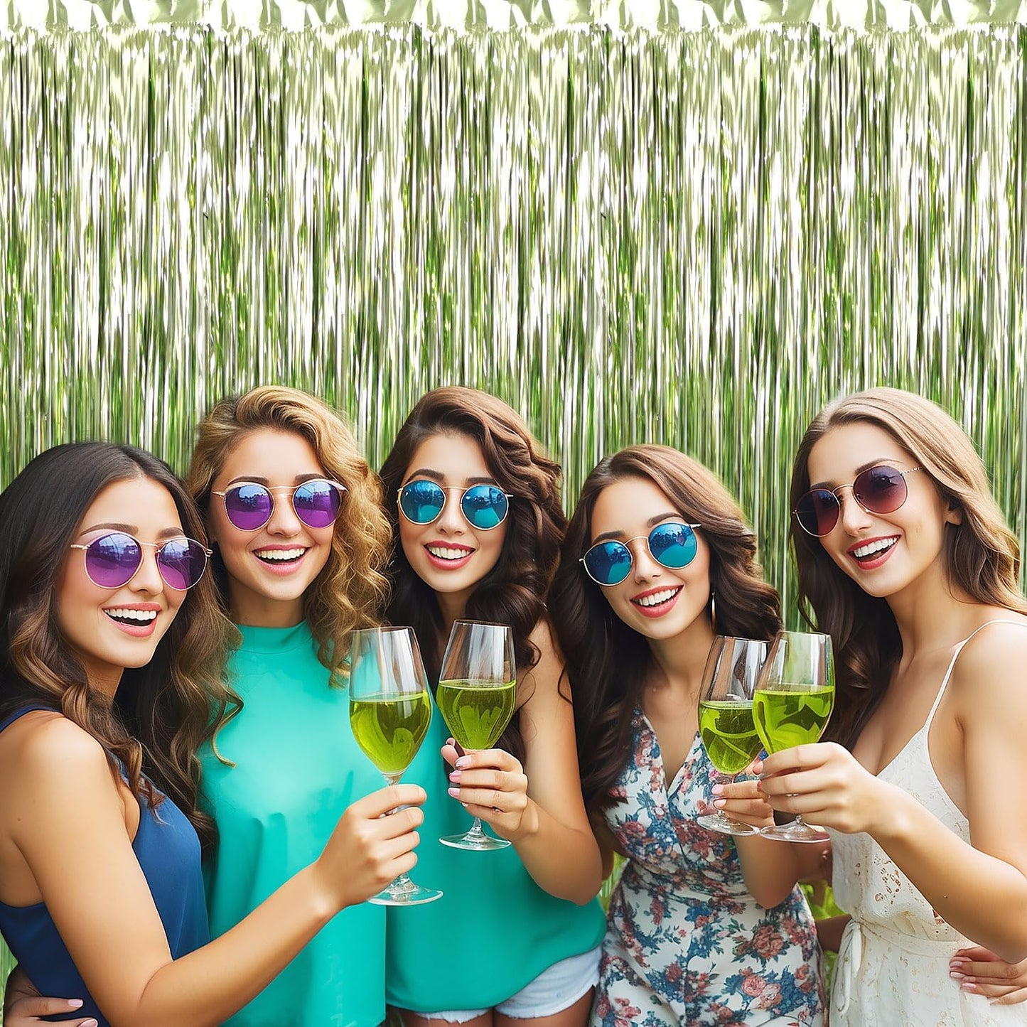 GOER 3.2 ft x 9.8 ft Metallic Tinsel Foil Fringe Curtains Party Photo Backdrop Party Streamers for Birthday,Graduation,New Year Eve Decorations Wedding Decor (5 Pcs,Sage Green)