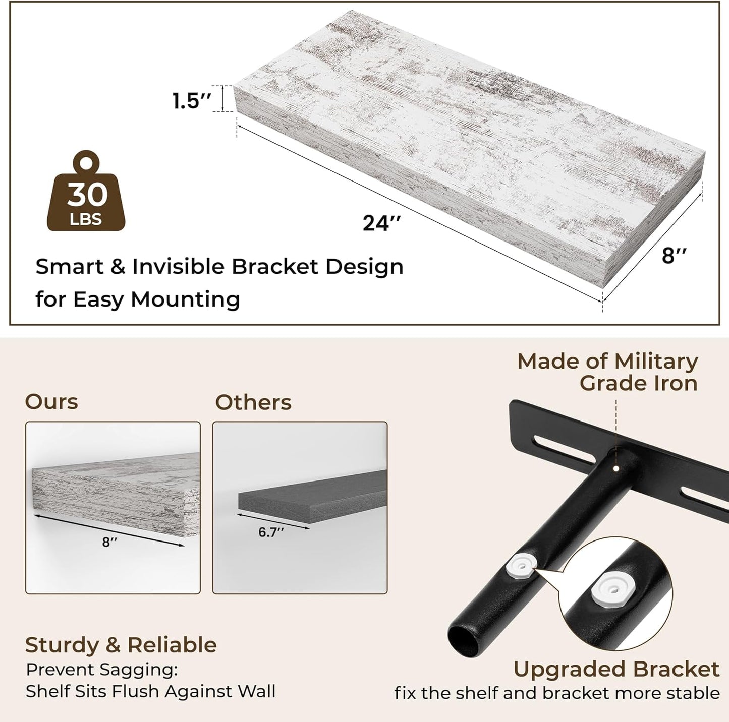 RICHFOCUS 24Inch Floating Shelves for Wall 2 Pack Shelves for Bedroom|Kitchen|Bathroom Wall Mounted Rustic Distressed Wood Floating Shelf with Invisible Brackets for Books|Storage|Decor, Rustic