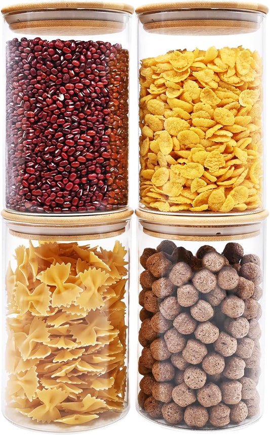 32oz Glass Food Storage Jars, Glass Jars with Bamboo Lids, Kitchen Storage Jars, Canisters with Airtight Lids for Spice, Coffee, Cookie, Set of 4, Pantry Organizers