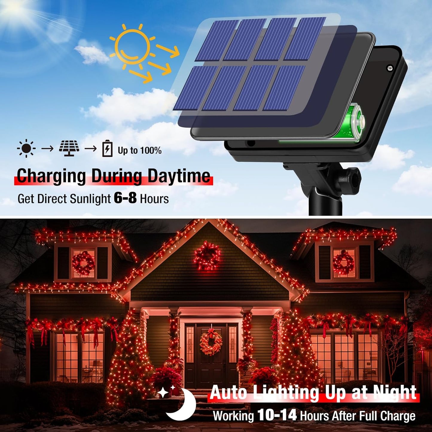 2 Pack Solar String Lights Outdoor - 160LED 66FT Solar Fairy Lights Waterproof 8 Modes, Copper Wire Solar Powered Twinkle Lights for Outside Tree Garden Christmas Wedding Party Decor, Red