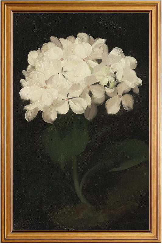 HUARCEY Gold Framed Vintage Wall Art for Living Room, Flowers Painting Canvas Prints Shelf Decor for Kitchen, Aesthetic Bedroom Wall Art, Christmas Gifts for Friends Family (White Hydrangea 16"x24")