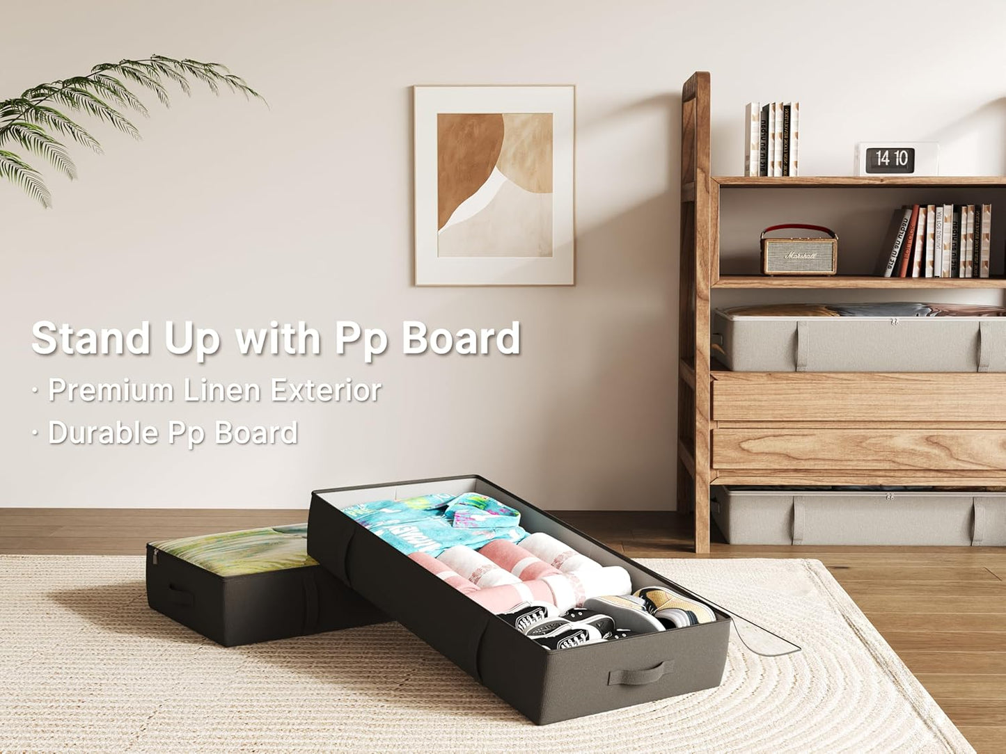 2-Pack Under Bed Storage Containers, 8 Inches Tall Underbed Clothes Storage Organizer Bin with Sturdy Sidewalls/Bottom, Under the Bed Storage Bags 2 Storage Bins, Black