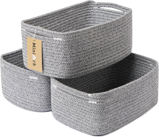 Small Storage Baskets for Organizing | Closet Organizer Bins | Shelf Toy Basket | Woven Rope Baskets | Cube Decorative Box | Shallow Basket | 13x8.5x5.1” | 3 Packs Mixed Grey