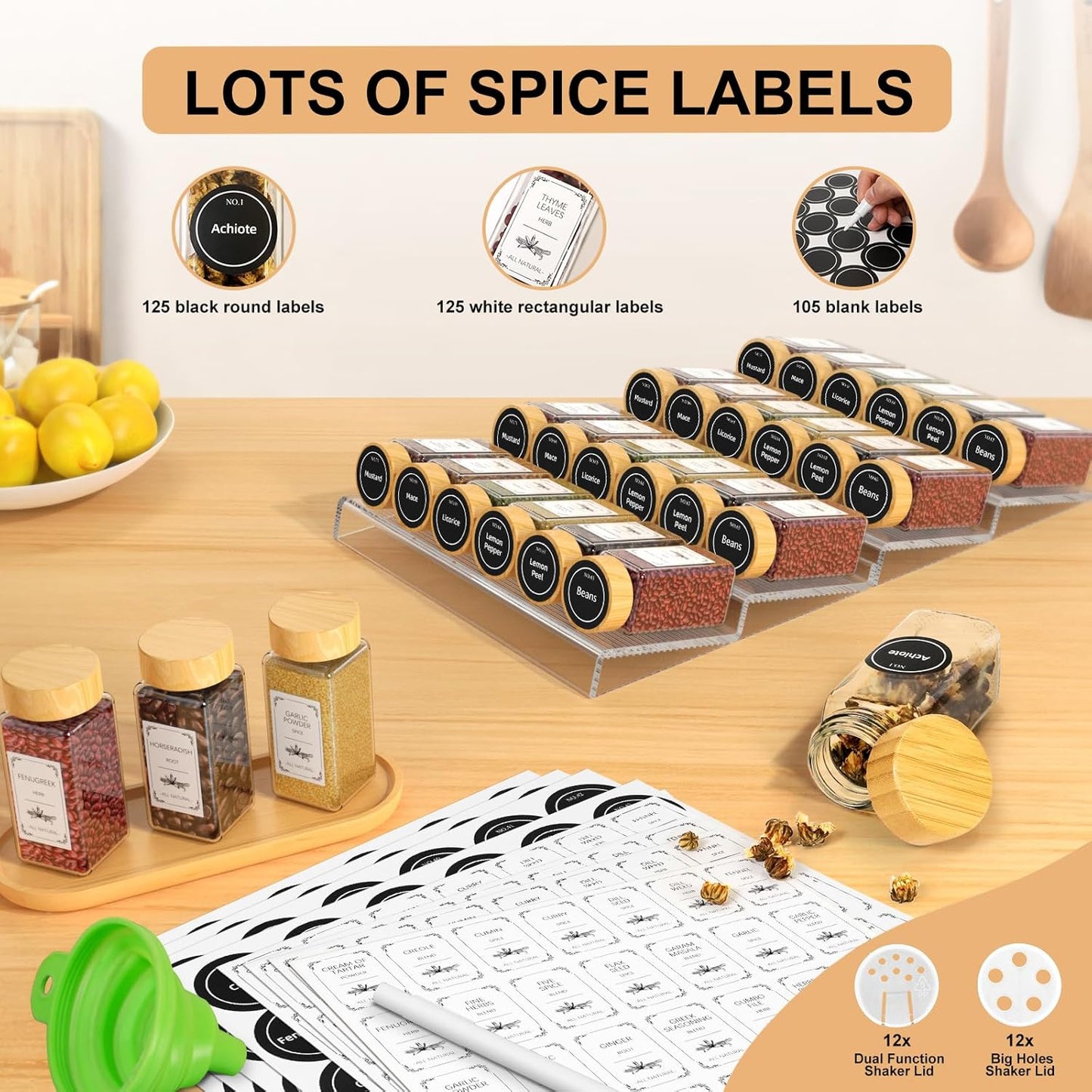 24 Spice Jars with Spice Drawer Organizer, 355 Spice Labels, 4 Pack Expandable From 11'' to 21'' Acrylic Spice Rack for Drawer, Seasoning Containers Storage Organization for Kitchen Cabinet Countertop