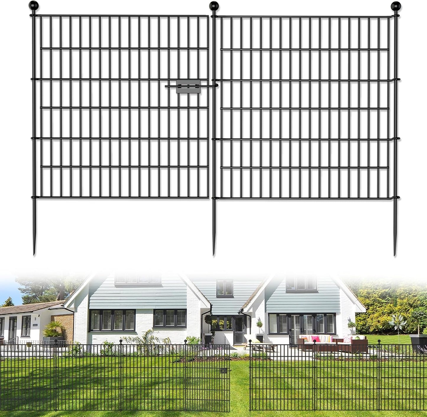 10 Panels No Dig Decorative Outdoor Garden Fence with Gate for Yard, 32 in(H) X 23.6 ft(L) Animal Barrier Fencing Rustproof Metal Wire Panel Border for Dog, Rabbits, and Patio Temporary Ground Stakes