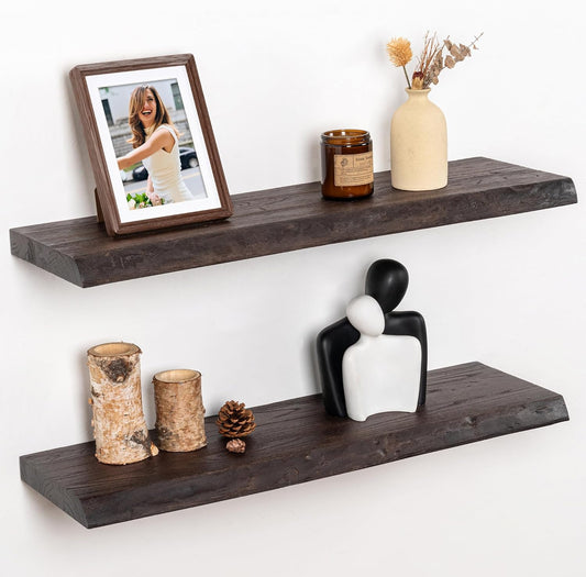 RICHFOCUS Live Edge Elm Floating Shelves - 30" W x 9.3" D Rustic Solid Wood Wall Shelves with Invisible Bracket, Wall-Mounted for Living Room, Bedroom, Kitchen Storage & Display, Set of 2, Walnut