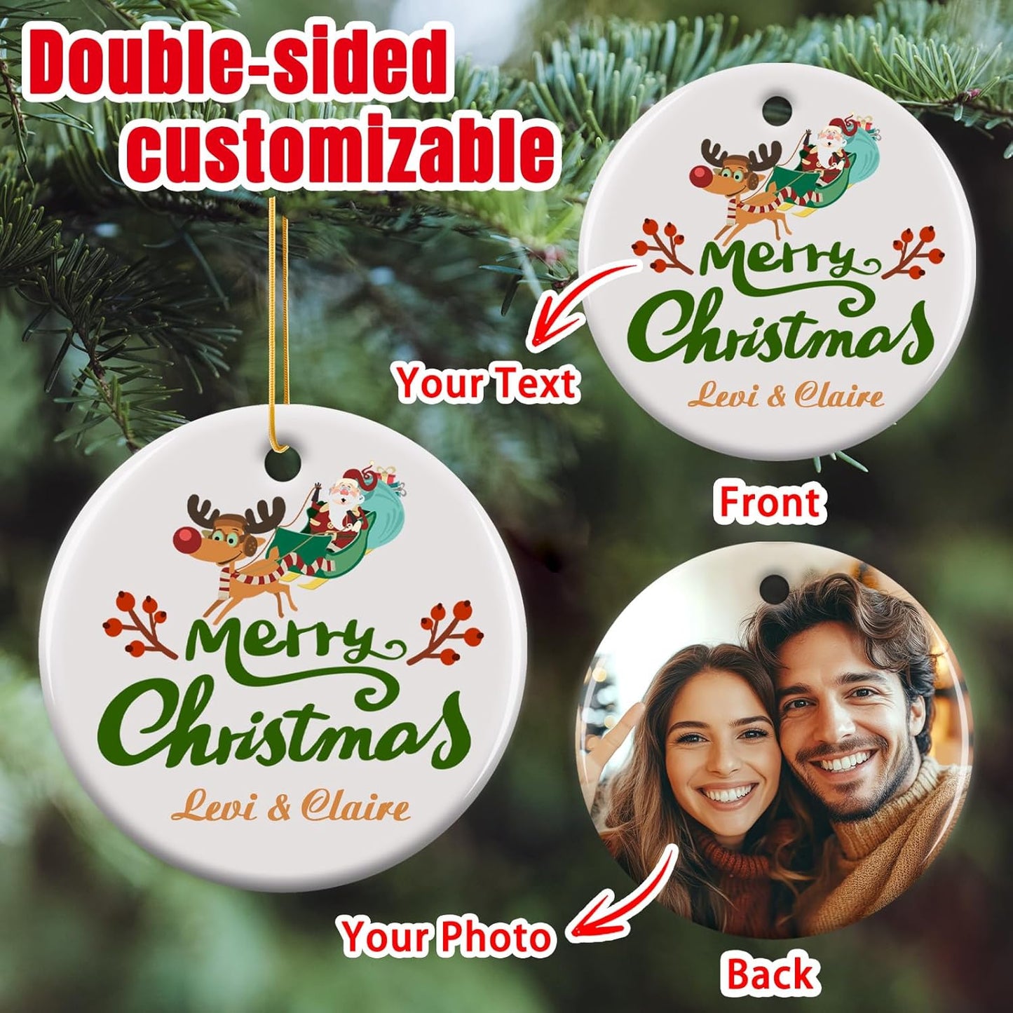 Personalized Christmas Ornaments 2025 - Custom Double-Sided Photo Ceramic Xmas Tree Hanging Decor, Unique for Family Friends (A02-Ceramic Style)