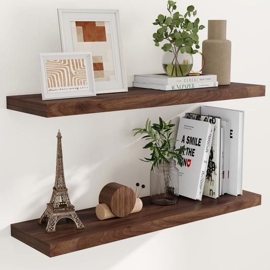 40 Inch Floating Shelvese, 40" W x 9" D Floating Shelf Set of 2, Farmhouse Wood Wall Shelves for Bedroom, Kitchen, Wall Mounted Deep Shelving for Home Decor, Walnut Color