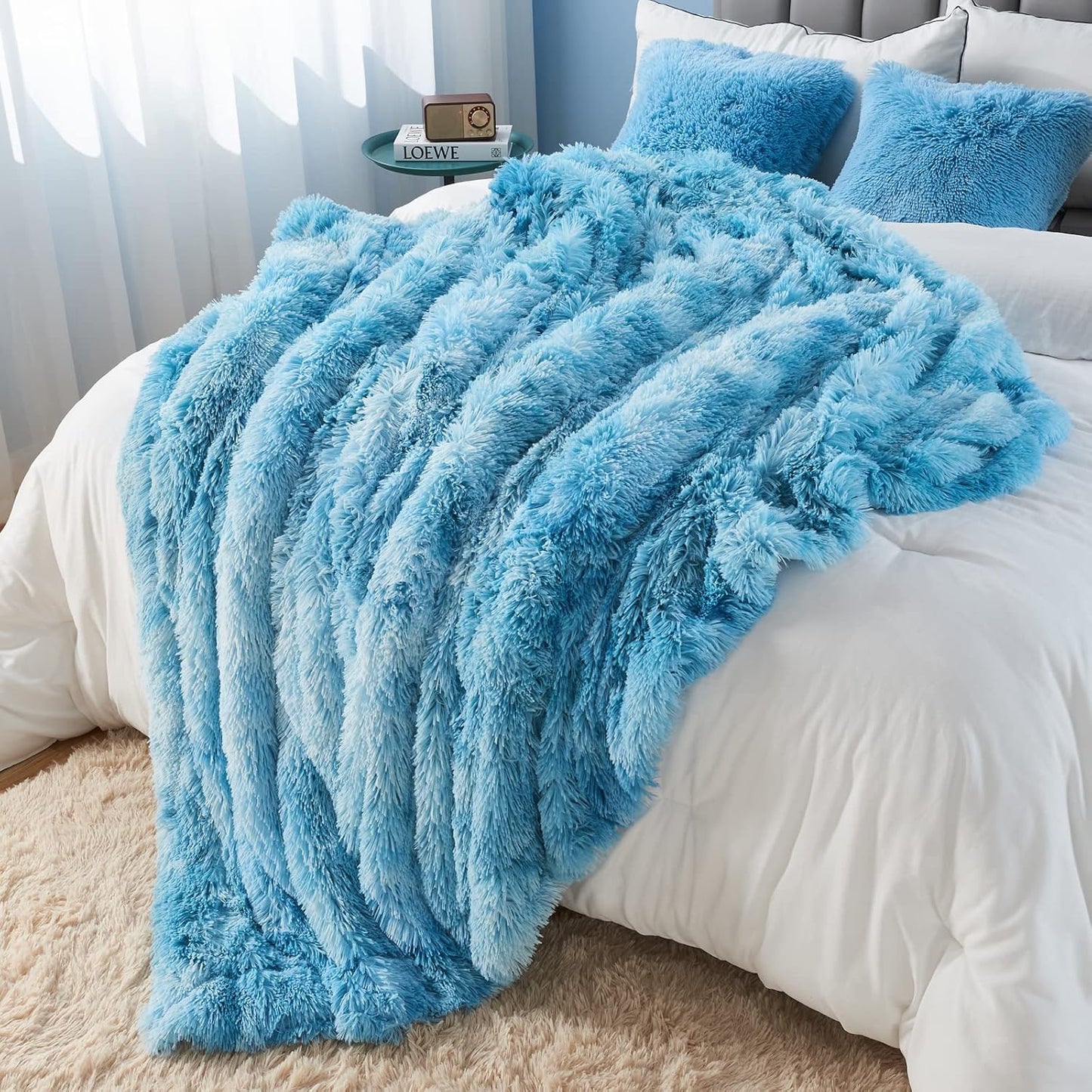GONAAP Fuzzy Faux Fur Throw Blanket Twin Size Tie-dye Ocean Blue Super Soft Cozy Plush Fuzzy Shaggy Blanket for Couch Sofa Bed (Tie-dye Ocean Blue, Twin(60"x80"))