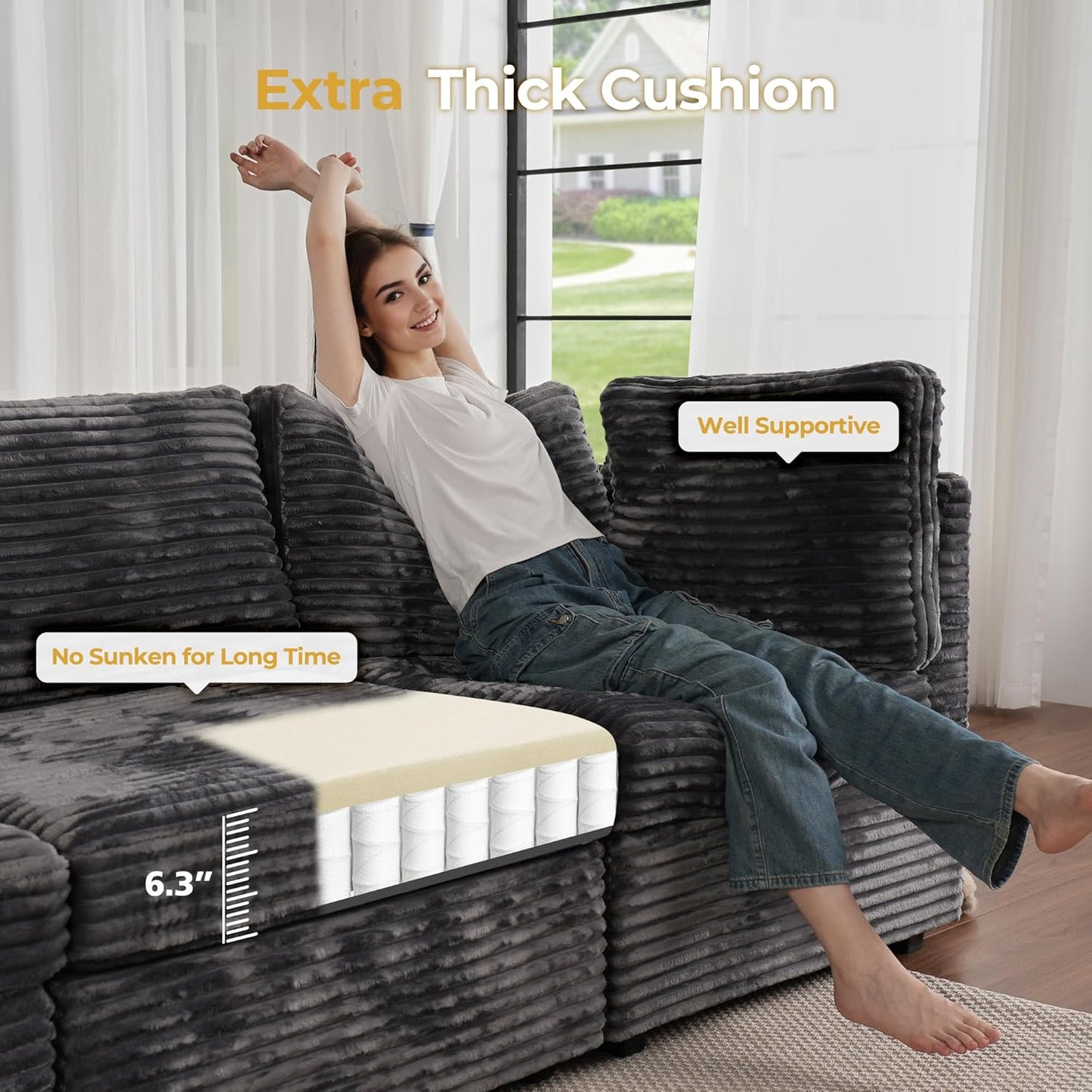 HOOOWOOO Modular Sectional Sofa,5 Pieces Sectional Couches for Living Room,131X66 L Shaped Cloud Couch Set(Grey Velvet Corduroy)