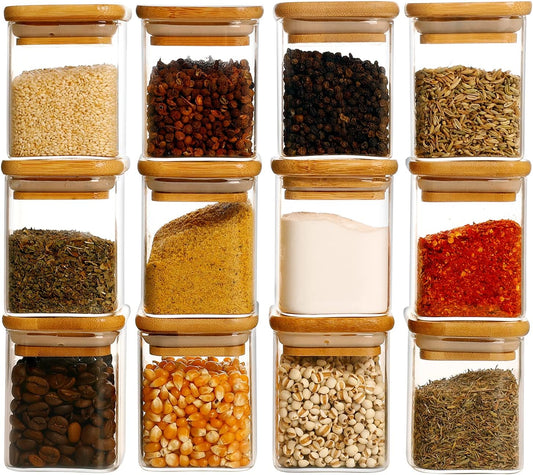 12 Pcs Square Glass Spice Jars with Natural Bamboo Lids - 9oz Airtight Herb Containers with 148 Waterproof Minimalist Spice Labels Preprinted - Empty Small Seasoning Jars for Kitchen Pantry