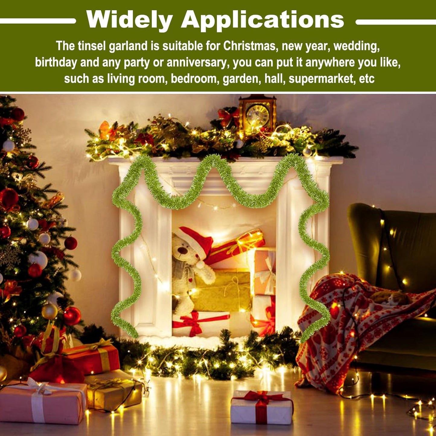 50 Feet Metallic Twist Tinsel Garland - Wall Hanging Backdrop for Parade Floats, Christmas Eve, New Year, Valentine's Day Parties (Light Green, 2in x 50ft)