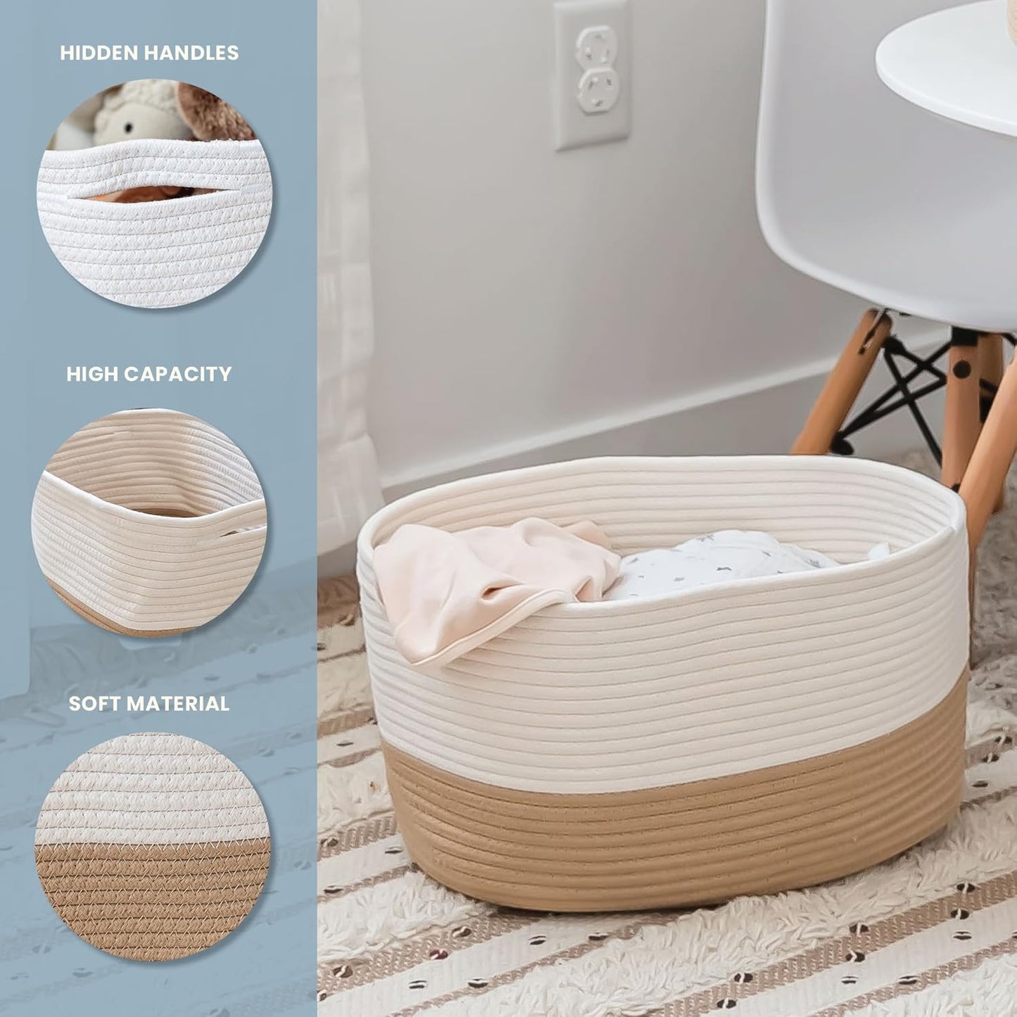 OrganiHaus Woven Storage Baskets for Organizing, Cotton Rope Organizer Bins for Shelves, Closet & Nursery, Dog Toy Basket, Decorative Bins for Toys, Towels & Books - 15x10x9, Honey/Off-White