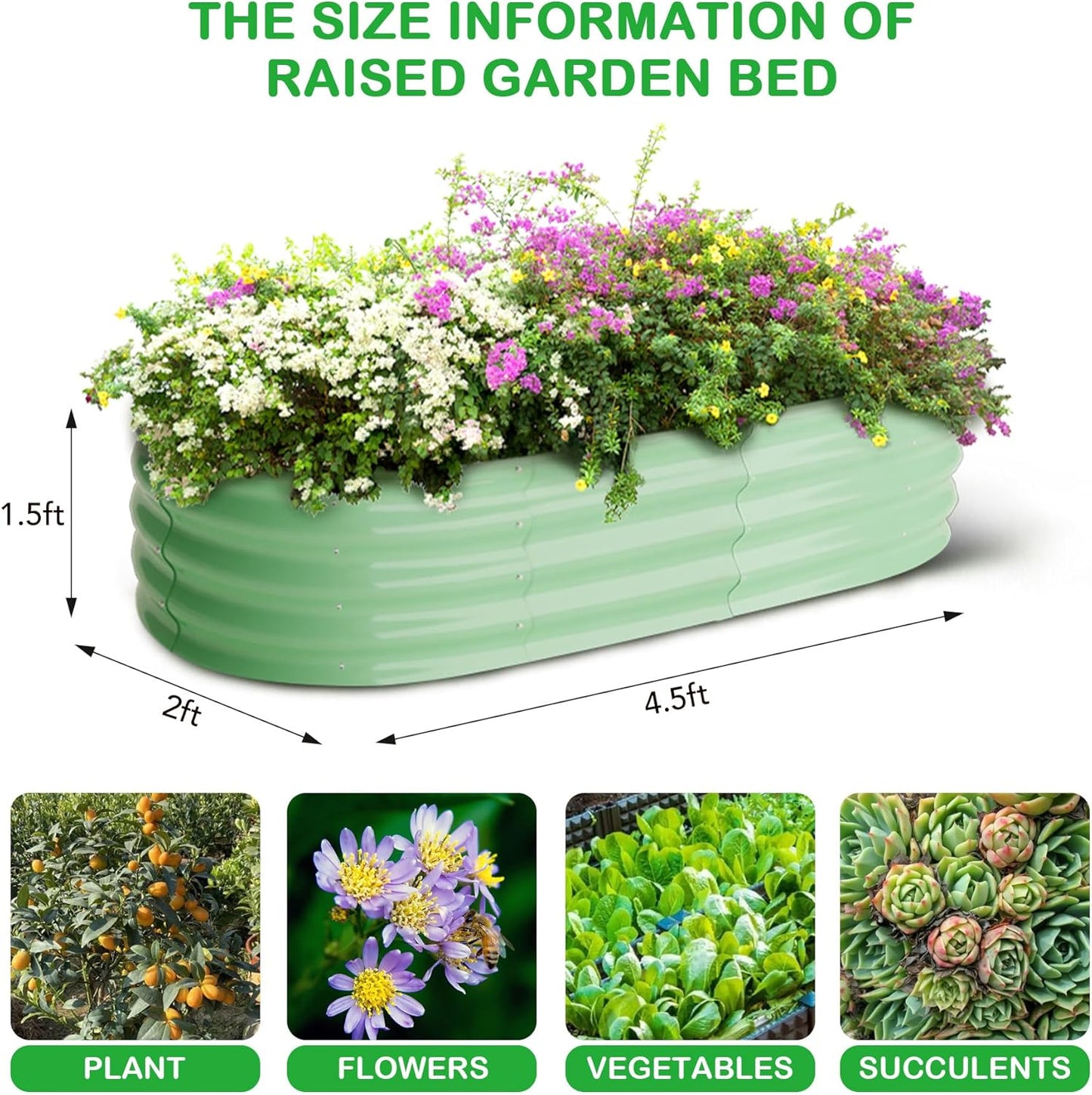 2 Pcs 4.5x2x1.5ft Oval Raised Garden Bed,Galvanized Raised Beds,Open-Ended Base Metal Raised Planter Beds,Garden Bed Outdoor,Planter Raised Boxes for Vegetables,Flowers,Tool-Free Asse,Green