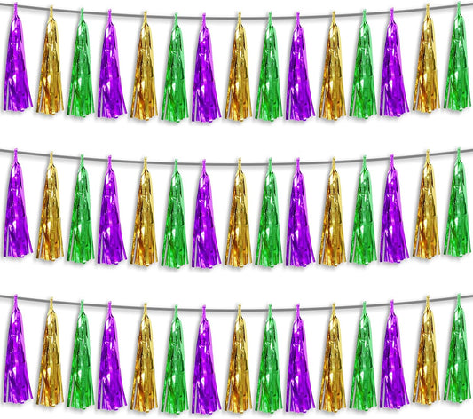 3P Purple Green Gold Foil Fringe Metallic Tassel Streamers Banner Tassel Garland for Parade Floats, Bachelorette, Wedding, Birthday, Halloween, Christmas, Bridal/Baby Shower Party Decorations