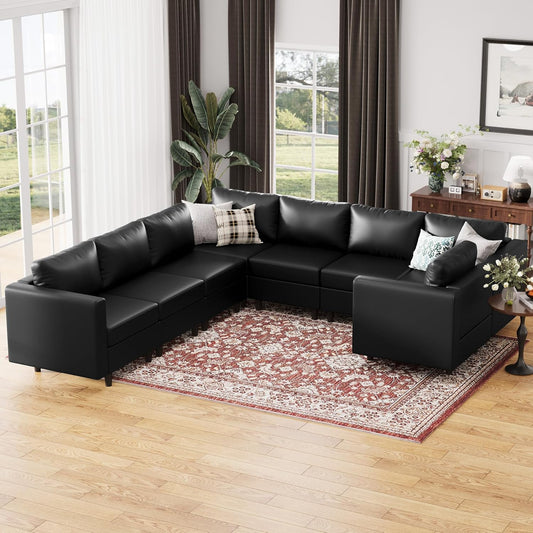 118.5" Faux Leather Modular Sectional Sofa, U Shaped Couch Set for Living Room, Large 8-Seater Comfy Cloud Couches with Storage Seat DIY Combination - Black
