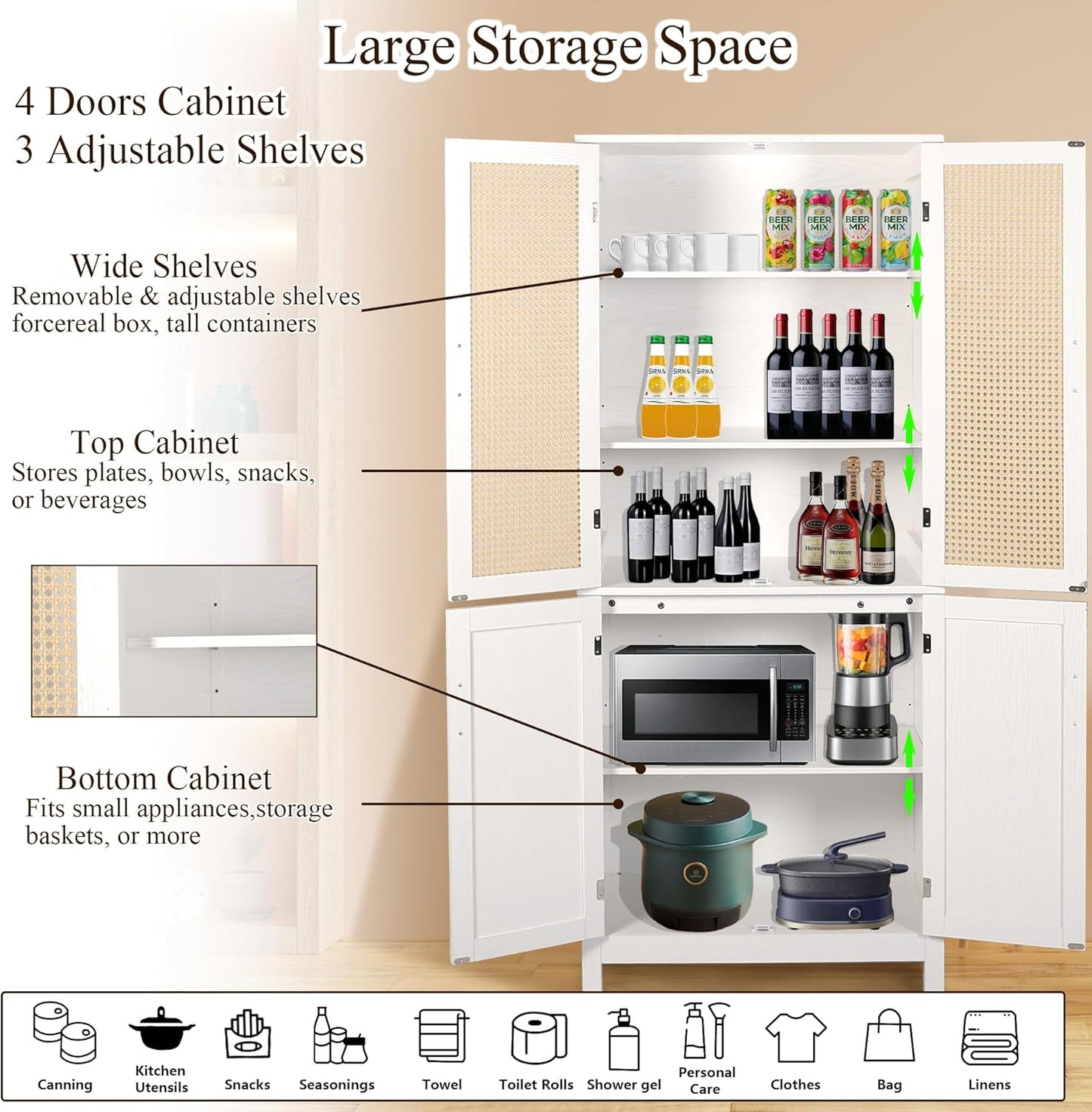 MISHAO 71" Kitchen Pantry Storage Cabinet, Tall Storage Cabinet with Rattan Doors & Adjustable Shelves, Freestanding Cupboard Wood Pantry for Kitchen, Living Room, Dining Room Hallway, White