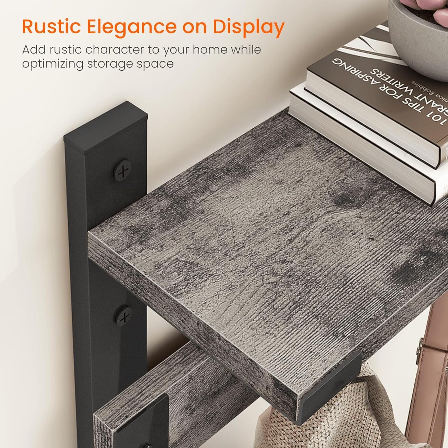 Homode Coat Rack Wall Mount with Shelf, 29 Inch Wood Wall Shelf with Hooks, Entryway Coat Hanger Wall Mount with 5 Hangers for Bathroom, Bedroom, Living Room, Grey