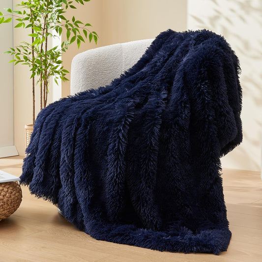 GONAAP Fuzzy Faux Fur Throw Blanket Dark Navy Super Soft Cozy Plush Fuzzy Shaggy Blanket for Couch Sofa Bed (Dark Navy, Throw(50"x60"))